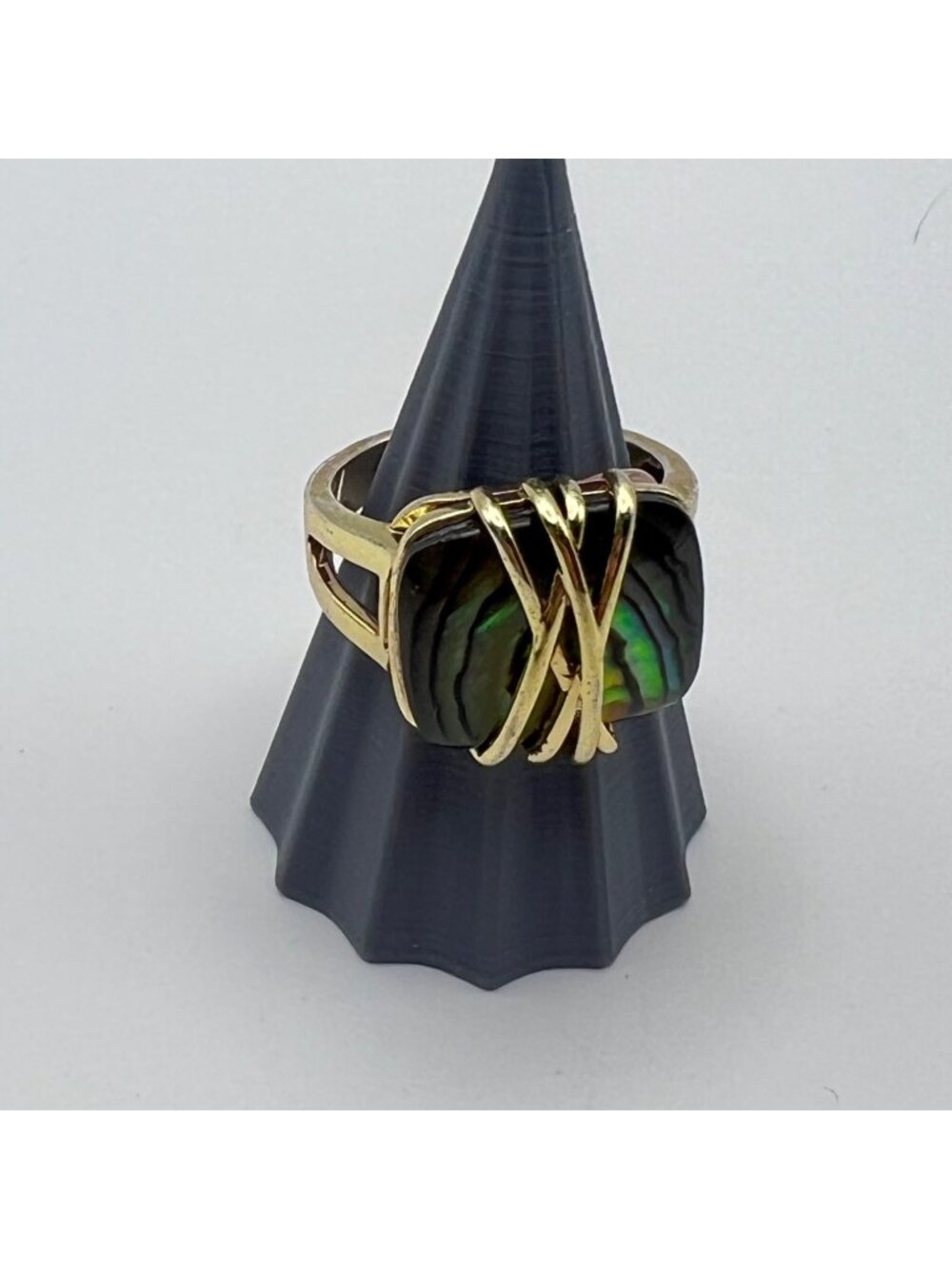Abalone Shell Paua Statement Ring Size 8 Gold Tone Modernist Criss Cross Green